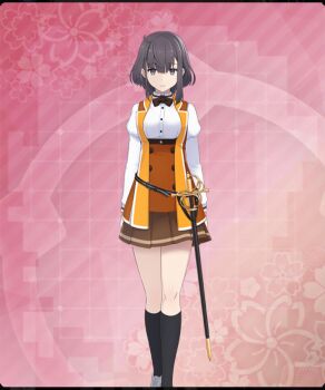  1girl black_bow black_bowtie black_socks bow bowtie breasts brown_skirt brown_vest buttons closed_mouth dot_nose double-breasted feet_out_of_frame floral_background game_cg grey_eyes grey_hair grey_shoes kneehighs large_breasts light_smile long_sleeves looking_at_viewer nitta_hirona official_art osafune_girls_academy_school_uniform pink_background rapier school_uniform sheath sheathed shirt shoes short_hair sidelocks skirt socks solo straight-on sword third-party_source toji_no_miko toji_no_miko:_kizamishi_issen_no_tomoshibi underbust variant_set vest weapon white_shirt 