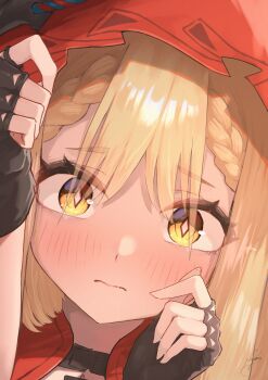  absurdres arknights arknights:_endfield black_gloves blonde_hair close-up commentary eyes_visible_through_hair film_grain fingerless_gloves gloves hair_between_eyes highres hood hood_up looking_at_viewer negidesu1105 red_hood rossi_(arknights) signature yellow_eyes 