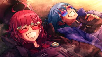  2girls ahoge blue-tinted_eyewear blue_hair bulletproof_vest closed_eyes commentary dirty dirty_face grin hair_ornament hamburger_man._(sumi80) happy hashtag-only_commentary hat highres hololive hololive_grand_theft_auto hoshimachi_suisei lying multiple_girls on_back pink-tinted_eyewear pink_hair police_hat revision sakura_miko smile sumi_80 sunglasses tinted_eyewear virtual_youtuber 