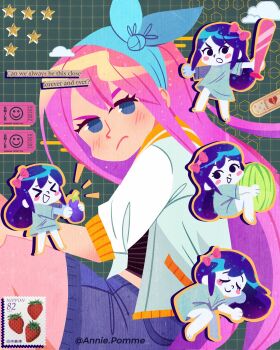  >_< 2girls :d alternate_eye_color annie_pomme artist_name aubrey_(faraway)_(omori) aubrey_(headspace)_(omori) aubrey_(omori) baseball_bat black_eyes blue_eyes blue_shirt blue_skirt bow chibi closed_eyes closed_mouth commentary denim denim_skirt double-parted_bangs dual_persona eggplant english_commentary english_text food fruit hair_between_eyes hair_bow highres holding holding_baseball_bat holding_food holding_fruit jacket long_hair long_shirt looking_at_viewer multiple_girls omori open_clothes open_jacket open_mouth pink_bow pink_hair purple_hair shirt short-sleeved_jacket short_sleeves sidelocks skirt smile t-shirt watermelon white_jacket xd 