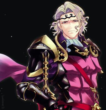  1boy armor ascot black_background blonde_hair breastplate cape closed_mouth commentary commentary_request english_commentary fire_emblem fire_emblem_fates floating_cape frown gauntlets highres looking_down male_focus mixed-language_commentary nintendo parted_hair pauldrons purple_cape purple_eyes shoulder_armor solo sword tiara umi_(oneinchswing) upper_body wavy_hair weapon white_ascot xander_(fire_emblem) 