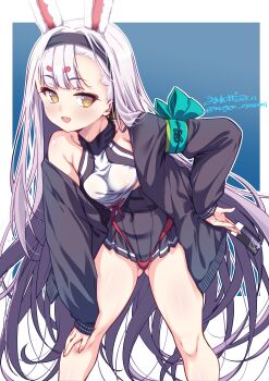  1girl absurdres animal_ears azur_lane bikini bikini_over_clothes black_hairband black_jacket black_skirt breasts brown_eyes commentary_request gluteal_fold hairband hand_on_own_hip highres jacket leaning_forward legs_apart long_hair looking_at_viewer miniskirt off_shoulder open_mouth pleated_skirt rabbit_ears rabbit_girl red_bikini shimakaze_(azur_lane) shirt skirt small_breasts smile solo standing swimsuit thighs umyonge_(lkakeu) very_long_hair white_hair white_shirt 