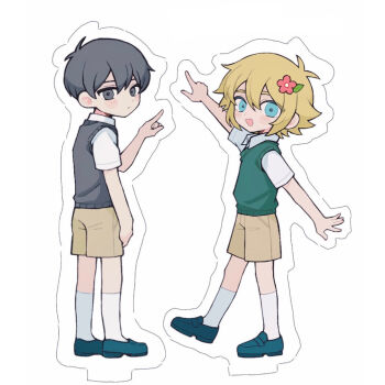  2boys :d \||/ antenna_hair aqua_eyes bare_arms basil_(faraway)_(omori) basil_(omori) black_eyes black_hair black_sweater_vest blonde_hair blue_shoes blush brown_shorts closed_mouth collared_shirt commentary_request double-parted_bangs expressionless flower full_body green_sweater_vest hair_behind_ear hair_between_eyes hair_flower hair_ornament highres kneehighs leaf loafers male_focus multiple_boys omori open_mouth outline pointing pointing_forward pointing_up red_flower sebon_(sebochin) shirt shoes short_hair short_sleeves shorts simple_background smile socks standing standing_on_one_leg sunny_(omori) sweater_vest very_short_hair white_background white_outline white_shirt white_socks 