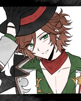  1boy bandana bandana_around_neck black_gloves black_hat black_jacket brown_hair chinese_commentary collared_shirt commentary_request ensemble_stars! gloves green_eyes green_shirt hair_between_eyes hand_on_headwear hat head_tilt highres iro_(kakerairo) jacket lapels letterboxed long_sleeves male_focus mikejima_madara notched_lapels open_clothes open_collar open_jacket pale_skin red_bandana shirt short_hair simple_background solo upper_body white_background 