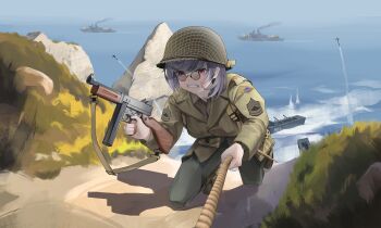  1girl angry battle climbing combat_helmet d-day gewehrbroker girls'_frontline glasses green_pants gun helmet highres jacket m1_helmet military_combat_uniform military_uniform military_vehicle pants red_eyes rope ship solo submachine_gun thompson_(girls'_frontline) thompson_submachine_gun united_states_army united_states_army_rangers warship watercraft weapon world_war_ii yellow_jacket  rating:General score:3 user:danbooru