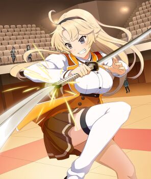  4girls ahoge arena battle black_hair black_hairband black_pantyhose blocking blonde_hair blue_eyes breasts brown_dress brown_skirt buttons dot_nose dress game_cg green_dress grin hairband heijou_institute_school_uniform holding holding_sword holding_weapon indoors katana kohagura_ellen large_breasts long_hair long_sleeves multiple_girls official_art osafune_girls_academy_school_uniform pantyhose railing school_uniform shirt short_hair single_thighhigh skirt smile solo_focus sparks standing standing_on_one_leg sword thighhighs third-party_source tile_floor tiles toji_no_miko toji_no_miko:_kizamishi_issen_no_tomoshibi underbust weapon white_shirt 