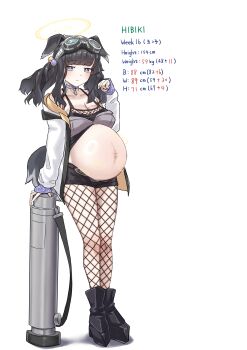  1girl absurdres animal_ears big_belly black_hair black_shorts blue_archive boots breasts character_age character_name collar dog_ears dog_girl dog_tail fishnet_pantyhose fishnets garylin goggles goggles_on_head halo height hibiki_(blue_archive) highres jacket long_hair long_sleeves measurements medium_breasts micro_shorts mortar_(weapon) multiple_pregnancy open_clothes open_jacket outie_navel pantyhose pregnancy_halo pregnant shorts solo standing stats tail three_sizes weight white_jacket yellow_halo 