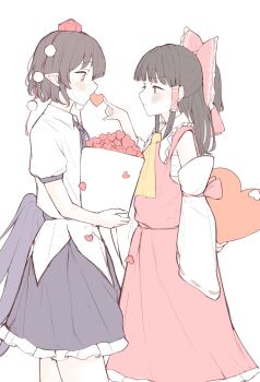  2girls ascot bird_wings black_hair black_skirt black_wings blush bow chest_sarashi commentary_request detached_sleeves eye_contact frilled_bow frilled_hair_tubes frills hair_bow hair_tubes hakurei_reimu hat heart highres long_hair looking_at_another multiple_girls pointy_ears pom_pom_(clothes) red_bow red_eyes red_hat red_skirt ribbon-trimmed_sleeves ribbon_trim sarashi seele_(chanseele0128) shameimaru_aya short_hair short_sleeves skirt skirt_set sweatdrop tokin_hat touhou wings yellow_ascot yuri 