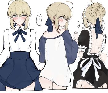  1girl absurdres ahoge alternate_costume apron artoria_pendragon_(fate) blonde_hair blush braid braided_bun commentary_request cosplay dress emiya_shirou emiya_shirou_(cosplay) enmaided fate/stay_night fate_(series) green_eyes hair_bun hayato_hoshi604 highres maid maid_apron maid_headdress saber_(fate) 