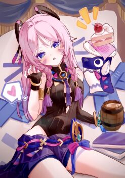  1girl armlet asymmetrical_gloves black_leotard blue_eyes book bracelet braid braided_sidelocks breasts cake cake_slice citlali_(genshin_impact) citlalin_(genshin_impact) clothing_cutout commentary_request cup elbow_gloves facial_mark fingerless_gloves floating_headgear food forehead_mark genshin_impact gloves gradient_hair hand_in_own_hair head_tilt headgear heart highleg highleg_leotard highres holding holding_cup itzpapa_(genshin_impact) jewelry leotard looking_at_viewer medium_breasts mug multicolored_hair notice_lines open_mouth pink_hair pink_pupils plate purple_sarong saeki_pisuko sarong single_elbow_glove single_glove solo speech_bubble stuffed_toy thought_bubble triangle triangle_facial_mark upper_body 