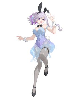  1girl absurdres animal_ear_hairband animal_ears arm_strap bare_shoulders black_bow black_bowtie black_shoes bow bowtie breasts commentary_request covered_navel detached_collar fake_animal_ears frilled_arm_strap grey_hair grey_leotard hairband highres hikaru_vcvt indie_virtual_youtuber jellyfish_hair_ornament leotard long_hair open_mouth pantyhose purple_eyes purple_hair purple_nails rabbit_ear_hairband rabbit_ears rabbit_tail shoes solo strapless strapless_leotard tail teeth thigh_strap umi_omi upper_teeth_only virtual_youtuber white_background white_wrist_cuffs wrist_cuffs 