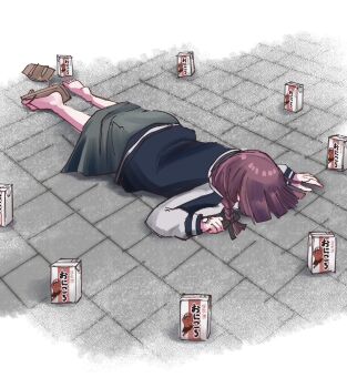  1girl alcohol_carton black_jacket black_ribbon bocchi_the_rock! braid commentary drink_carton face_down fainted hair_ribbon hand_tattoo highres hiroi_kikuri jacket kazama_mm long_sleeves medium_hair on_ground purple_hair ribbon sandals single_braid skirt tattoo untranslatable_commentary unworn_sandals 