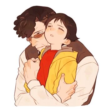  2boys blush brown_hair closed_eyes commentary_request father_and_son glasses highres hug korean_commentary long_sleeves male_focus multiple_boys s22uic simple_background tenma_tobio tenma_umatarou tetsuwan_atom upper_body white_background yaoi 