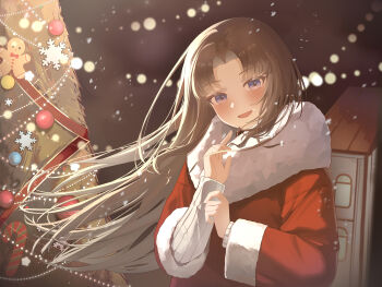  1girl absurdres blue_eyes brown_hair christmas christmas_lights christmas_tree commentary_request hands_up highres limbus_company long_hair looking_at_viewer open_mouth parted_bangs project_moon rodion_(project_moon) santa_costume smile snow solo upper_body very_long_hair youqimin_(jiegaozhong) 