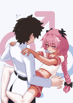  2boys absurdres astolfo_(fate) astolfo_(sailor_paladin)_(fate) belt black_belt black_hair blush braid cloud_alter collarbone commentary english_commentary fang fate/grand_order fate_(series) fujimaru_ritsuka_(male) hair_ornament hands_on_another's_shoulders highres implied_yaoi long_hair looking_at_another multiple_boys navel nervous_sweating pink_eyes pink_hair short_hair simple_background skin_fang sweat  rating:Sensitive score:24 user:danbooru