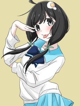  1girl araragi_tsukihi black_eyes black_hair blush collared_shirt commentary commentary_request contrapposto cow egg_hair_ornament food-themed_hair_ornament hair_between_eyes hair_ornament highres long_hair long_sleeves mixed-language_commentary monogatari_(series) nao_art school_uniform shirt simple_background skirt solo tongue tongue_out twintails white_shirt yellow_background 