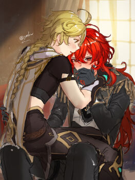  2boys aether_(genshin_impact) ahoge black_gloves blonde_hair blush braid commentary_request covered_mouth crop_top diluc_(genshin_impact) genshin_impact gloves long_sleeves looking_at_another male_focus multiple_boys open_mouth red_eyes red_hair short_sleeves single_braid sitting sitting_on_lap sitting_on_person watermark yamakawa_umi yaoi yellow_eyes 