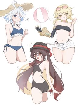  3girls :3 ahoge ass ball bandeau bare_shoulders beachball bikini bikini_under_clothes black_bandeau black_hat blonde_hair blue_eyes blue_hair braid braided_hair_rings breasts brown_hair commentary_request cropped_legs drop-shaped_pupils eyewear_on_head flower-shaped_pupils frilled_bikini frills furina_(genshin_impact) genshin_impact hair_between_eyes hair_rings hat heterochromia highleg highleg_bikini holding holding_swim_ring hu_tao_(genshin_impact) innertube jahoda_(genshin_impact) long_hair looking_at_viewer looking_back mechanical_arms medium_hair multicolored_hair multiple_girls navel one-piece_swimsuit open_mouth porkpie_hat prosthesis prosthetic_arm pumu_(pumu_co29) red_eyes shirt short_hair shorts side-tie_bikini_bottom single_mechanical_arm small_breasts smile star-shaped_pupils star_(symbol) stomach straw_hat sun_hat swim_ring swimsuit symbol-shaped_pupils tinted_eyewear twintails white_background white_hair white_shorts yellow_eyes 