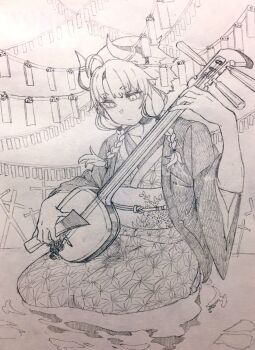  1girl ahoge alternate_costume asa_no_ha_(pattern) bachi bell braid braided_sidelocks commentary_request expressionless graphite_(medium) greyscale hand_up haori highres holding holding_instrument horns instrument japanese_clothes jingle_bell kimono long_sleeves looking_at_object looking_down monochrome music obi obijime playing_instrument plectrum sash seiza shamisen short_hair_with_long_locks sitting solo string toriniku29 traditional_media vocaloid voiceroid water yuzuki_yukari 