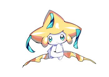 1other :o arm_at_side blue_eyes blush chisen_maimai colored_skin finger_to_mouth full_body gen_3_pokemon hand_to_own_mouth hand_up jirachi legendary_pokemon looking_at_viewer mythical_pokemon nintendo open_mouth other_focus pokemon pokemon_(creature) simple_background solo standing white_background white_skin