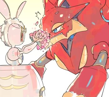  ^^^ blue_eyes bouquet colored_sclera flower gen_6_pokemon gen_7_pokemon gradient_background legendary_pokemon magearna man_du_0 mythical_pokemon nintendo no_humans pink_eyes pokemon pokemon_(creature) pokemon_focus profile robot simple_background sweatdrop teeth volcanion 