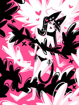  andaerz animal_ears black_hair breasts cat_ear_panties cat_ears cat_girl cat_girl_(andaerz) cat_tail convenient_censoring cross cross_hair_ornament hair_ornament hairclip halo heart heart_hair_ornament highres large_breasts large_ears limited_palette long_hair looking_at_viewer narrow_waist navel open_mouth original panties pink_background pink_eyes pink_halo side-tie_panties tail topless_female underwear 