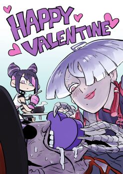  1boy 2girls a.k.i._(street_fighter) bad_food black_hair blue_eyes bowl bracelet candy chibi chinese_clothes chocolate claw_(weapon) claws collar cone_hair_bun diagonal_bangs double_bun drill_hair drooling earrings english_text f.a.n.g feeding fingerless_gloves food gloves grey_hair hair_bun hair_horns hair_over_one_eye han_juri happy_birthday happy_halloween happy_new_year happy_valentine hat heterochromia highres holding jewelry kangyaku mole mole_under_mouth multicolored_hair multiple_girls new_year one_eye_covered pink_eyes pink_hair saliva short_hair smile spiked_bracelet spiked_collar spikes streaked_hair street_fighter street_fighter_6 sweat tassel tassel_earrings twin_drills two-tone_hair valentine weapon white_hair 