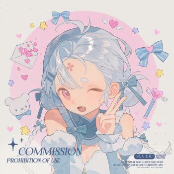  1girl antenna_hair bao_rong blue_bow blue_hair bow breasts cleavage commission detached_collar double_bun eyelashes fang forehead frills gem hair_bow hair_bun hair_ornament hairpin heart highres letter looking_at_viewer mihuashi_commission one_eye_closed open_mouth original pearl_(gemstone) pink_eyes short_eyebrows solo square star_(symbol) tongue upper_body v watermark wrist_cuffs 