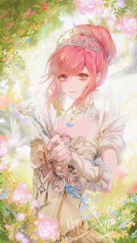  1girl absurdres aegyo_sal armor artist_name breastplate brown_eyes character_name closed_mouth collar collarbone cowboy_shot day detached_collar dress earrings eyelashes feather-trimmed_sleeves flower frilled_arm_warmers garden hair_between_eyes hair_bun happy happy_birthday high_collar highres holding holding_sword holding_weapon infinity_nikki jewelry lace_collar light_blush lipstick looking_at_viewer makeup melody_bloom_(infinity_nikki) nikki_(nikki) nikki_(series) outdoors pink_flower pink_hair pink_lips pink_rose rapier rose short_hair_with_long_locks short_sleeves sidelocks single_earring single_hair_bun smile solo standing sword tiara updo weapon wenguchen white_collar white_sleeves yellow_arm_warmers yellow_dress 