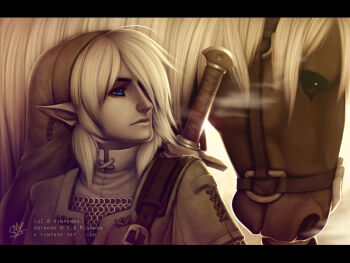  1boy animal armor artist_request blonde_hair blue_eyes breath chainmail elf epona epona_(legend_of_zelda) hair_over_one_eye hat horse link male_focus monochrome nintendo pointy_ears s.a.mcgowan solo sword the_legend_of_zelda tunic weapon  rating:Sensitive score:19 user:hotsushi-kun