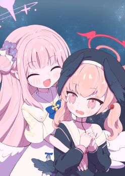  2girls :d ^_^ beret black_hat black_serafuku black_wings blue_archive blue_background blue_bow blue_bowtie bow bowtie closed_eyes commentary_request dress feathered_wings flower hair_bun hair_flower hair_ornament hair_scrunchie halo hat head_wings highres koharu_(blue_archive) long_sleeves low_wings mika_(blue_archive) multiple_girls open_mouth partial_commentary pink_eyes pink_hair pink_halo purple_flower red_halo sailor_collar school_uniform scrunchie serafuku side_up_bun sleeves_past_wrists smile suwasui tongue twintails white_dress white_sailor_collar white_scrunchie white_wings wings 