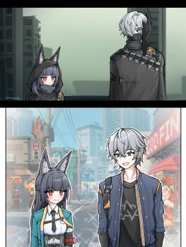  2boys 2girls animal_ears aqua_jacket black_cloak black_necktie black_shirt blue_eyes blue_jacket braid building cloak collared_shirt covered_mouth fox_ears fox_girl grey_hair hair_over_one_eye half_up_braid highres hood hood_up hooded_cloak hoshimi_miyabi jacket joyous_(zenless_zone_zero) looking_at_another mask mouth_mask multiple_boys multiple_girls necktie open_clothes open_jacket open_mouth pandegalihhh red_eyes scar scar_across_eye scar_on_face shirt short_hair smile swordmaster_(zenless_zone_zero) upper_body white_shirt wise_(zenless_zone_zero) zenless_zone_zero 