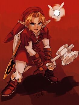  1boy blonde_hair blue_eyes boots earrings facing_viewer fairy gloves goron_tunic hammer hat holding holding_hammer holding_weapon jewelry link megaton_hammer msk3284tloz navi nintendo open_mouth pointy_ears red_background scabbard sheath shield shield_on_back solo sword sword_on_back the_legend_of_zelda the_legend_of_zelda:_ocarina_of_time tunic weapon weapon_on_back  rating:General score:1 user:HomeStruck