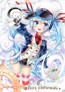  1girl aqua_eyes aqua_hair black_coat black_gloves black_necktie black_shorts blush character_name coat commentary_request crab fur-trimmed_coat fur-trimmed_sleeves fur_trim gloves gradient_hair hair_between_eyes hair_ornament hair_ribbon hat hatsune_miku heart heart_in_eye highres jacket long_hair long_sleeves looking_at_viewer marker_(medium) motage_illust multicolored_hair necktie official_alternate_costume official_alternate_hairstyle open_mouth rabbit rabbit_yukine red_hair red_ribbon red_shirt ribbon sailor_hat shirt short_shorts shorts smile snowflake_print striped_clothes striped_thighhighs symbol_in_eye thick_thighs thighhighs thighs traditional_media twintails very_long_hair vocaloid white_hair white_jacket yuki_miku yuki_miku_(2022) zettai_ryouiki 