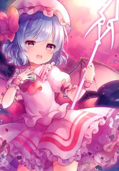  1girl :d absurdres bat_wings bow brooch coa_(chroo_x) cowboy_shot fang frilled_skirt frills half-closed_eyes hat highres holding holding_weapon jewelry looking_at_viewer mob_cap open_mouth puffy_short_sleeves puffy_sleeves purple_hair red_bow red_eyes remilia_scarlet shirt short_hair short_sleeves skin_fang skirt smile solo spear_the_gungnir standing third-party_source touhou weapon white_hat white_shirt white_skirt wings wrist_cuffs 