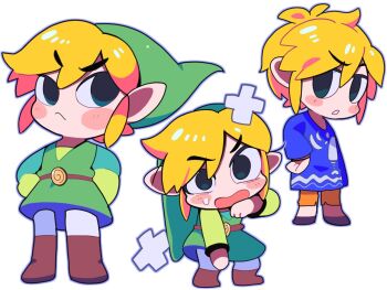  1boy belt blonde_hair blue_shirt blush_stickers boots brown_belt brown_boots chibi chibi_only chimagari closed_mouth green_hat green_tunic hand_on_own_hip hat link looking_at_viewer male_focus multiple_views nintendo open_mouth orange_pants pants shirt short_hair simple_background the_legend_of_zelda the_legend_of_zelda:_the_wind_waker toon_link tunic white_background white_pants 