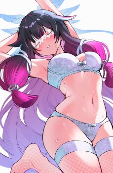  1girl alternate_breast_size_(larger) black_hair bra breasts closed_eyes columbina_(genshin_impact) commentary_request enipa_28 eye_mask fishnet_thighhighs fishnets genshin_impact hair_wings highres large_breasts lingerie long_hair lying mask multicolored_hair navel on_back panties parted_lips purple_hair solo stomach thighhighs thighs two-tone_hair underwear very_long_hair white_bra white_panties white_wings wings 
