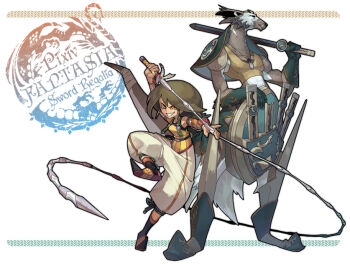  1boy 1girl affururu bandaged_tail brown_hair copyright_name furry furry_male garukan_(pixiv_fantasia_sword_regalia) holding holding_weapon holding_whip jewelry long_hair mask necklace orange_eyes pixiv_fantasia pixiv_fantasia_sword_regalia standing tail weapon yukari_(pixiv_fantasia_sword_regalia) 
