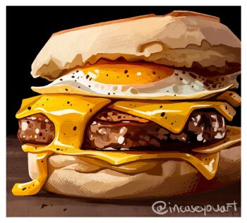  border burger cheese commentary english_commentary food food_focus fried_egg highres no_humans original painterly realistic signature still_life victoria_putinski white_border 