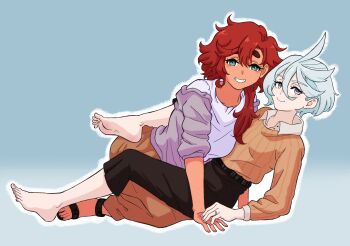  2girls artist_name barefoot black_pants blue_background blue_eyes brown_skirt brown_sweater closed_mouth collared_shirt commentary english_commentary glezdoodl gradient_background grey_eyes grin gundam gundam_suisei_no_majo highres holding_hands jewelry long_hair miorine_rembran multiple_girls pants purple_shirt red_hair revision ring sandals shirt short_hair skirt smile soles suletta_mercury sweater thick_eyebrows toes wedding_ring white_hair white_shirt wife_and_wife yuri 