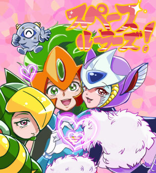  ! 3girls animal_ear_helmet animal_ears animal_helmet brown_eyes capcom cat_ears genderswap genderswap_(mtf) green_eyes green_hair hakushin hand_gesture headgear heart heart_hands helmet jupiter_(mega_man) mega_man_(classic) mega_man_(series) mega_man_v multiple_girls open_mouth pluto_(mega_man) purple_eyes smile terra_(mega_man) text_focus  rating:Sensitive score:3 user:danbooru