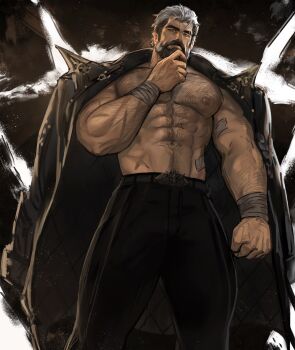  1boy abs absurdres bara bare_pectorals beard biceps black_hair black_jacket black_pants chest_hair closed_mouth commentary dopey_(dopq) english_commentary facial_hair hand_on_own_chin highres jacket looking_at_viewer looking_down male_focus multicolored_hair muscular muscular_male old old_man pants pectorals pompey_(zenless_zone_zero) swept_bangs white_hair zenless_zone_zero 