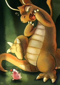  dragonite fang gen_1_pokemon gen_2_pokemon haychel heart igglybuff nintendo no_humans open_mouth pokemon pokemon_(creature) scared spotlight tears  rating:Sensitive score:7 user:Daijin