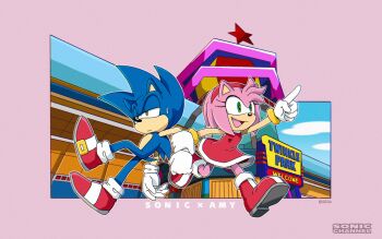 1boy 1girl amy_rose blue_fur dress full_body gloves green_eyes hairband half-closed_eyes highres official_art official_wallpaper open_mouth pink_fur red_dress red_hairband red_shoes shoes sonic_(series) sonic_channel sonic_the_hedgehog white_gloves 