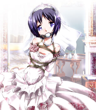 00s 1girl arm_behind_back arms_behind_back ball_gag bare_shoulders bdsm black_hair blue_eyes bondage bound breasts bridal_veil bride choker dress drooling elbow_gloves female_focus flower frilled_dress frills gag gagged gloves hachikumo highres isara_gunther rope saliva senjou_no_valkyria senjou_no_valkyria_(series) senjou_no_valkyria_1 shibari short_hair small_breasts solo source_request tiara veil wedding_dress white_dress white_gloves rating:Explicit score:54 user:z0_0d