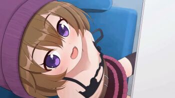  1girl :d animated beanie belt belt_buckle black_bra black_thighhighs blush bra brown_belt brown_hair buckle cat_cutout cat_lingerie clothing_cutout collarbone fangs frilled_skirt frills from_above hair_between_eyes hat layered_skirt loli looking_at_viewer looking_up navel neko_miyabi_(artist) nipple_slip nipples open_mouth original purple_eyes purple_hat sitting skirt smile solo tagme thighhighs train_interior ugoira underwear video  rating:Questionable score:307 user:CunnyInc