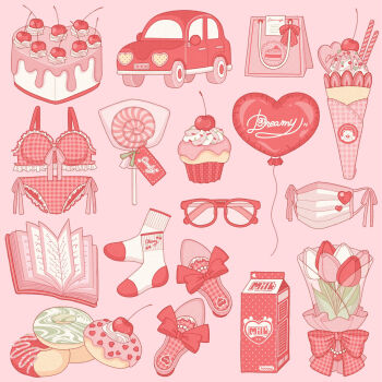  bag balloon book bow bra bucket cake cake_print candy car checkered_bra checkered_clothes checkered_panties cherry cherry_print commentary cupcake donut drink_carton english_text flower food food_print footwear_bow fruit fruit_print glasses heart heart-shaped_cake heart-shaped_food heart_balloon highres ice_cream mask milk_carton motor_vehicle mouth_mask nekomaru0817 original panties paper_bag pastel_colors pink_background pink_bag pink_flower pink_shoes pink_theme pink_tulip polka_dot red-framed_eyewear red_bow red_bra red_car red_flower red_panties red_socks red_tulip shoes simple_background socks strawberry surgical_mask tulip two-tone_socks underwear white_flower white_socks white_tulip 