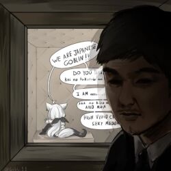  1boy 1girl ahoge animal_ears animated asylum_(location) audible_speech black_bow black_hair black_necktie black_pants bow collared_shirt commentary_request derivative_work english_audio english_text facial_hair facing_away fox_ears fox_girl fox_tail from_behind full_body hair_bow hololive japanese_audio japanese_goblin_(meme) long_hair low_ponytail meme mixed-language_audio mustache necktie padded_walls pants parody pentagram ponytail reflection shirakami_fubuki shirakami_fubuki_(1st_costume) shirt sitting sobbi11 sound speech_bubble tagme tail touhou upper_body video virtual_youtuber white_hair white_shirt window yagoo  rating:General score:58 user:surveyork