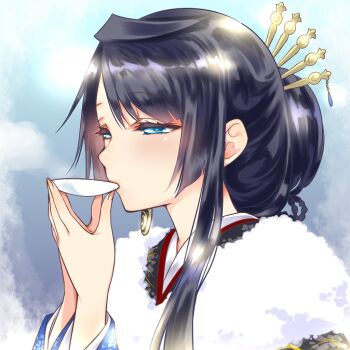  1girl amagai_yukino blue_background blue_eyes blue_hair blue_kimono choko_(cup) cup earrings fur_trim hair_bun hair_ornament hair_rings hair_stick half-closed_eyes hands_up holding holding_plate japanese_clothes jewelry kimono kuwana_gou_(tenka_hyakken) long_hair long_sleeves plate single_earring single_hair_bun slurping_(food) swept_bangs tenka_hyakken  rating:General score:1 user:danbooru