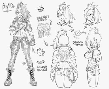  1girl absurdres bare_shoulders belt boots brass_knuckles breasts chain character_name closed_mouth clothes_writing commentary commission dragon_tattoo english_commentary english_text eyelashes facial_scar fingerless_gloves from_behind from_side full_body gloves greyscale hair_over_one_eye highres jacket lineart lokigun long_hair midriff mohawk monochrome multiple_views navel neck_tattoo open_clothes open_jacket original pants reference_sheet scar scar_across_eyebrow scar_on_arm scar_on_cheek scar_on_face scar_on_hip scar_on_shoulder simple_background smile standing tattoo teeth toned toned_female torn_clothes torn_pants weapon white_background 